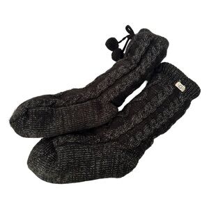 UGG Socks Womens One Size Black Gray Pom Pom Fleece Lined Crew Cozy Chunky Knit‎